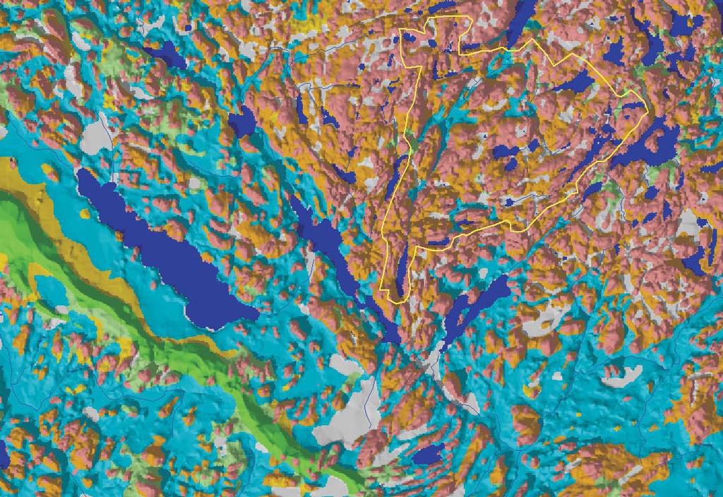 Kuva 24. Myllypuron valuma-alue (keltainen rajaus) on kallioista (punainen) ylänköä eikä siellä ole soraharjuja (vihreä). Myllypuron laakson pohja on kuitenkin suurelta osin savikkoa (vaaleansininen).