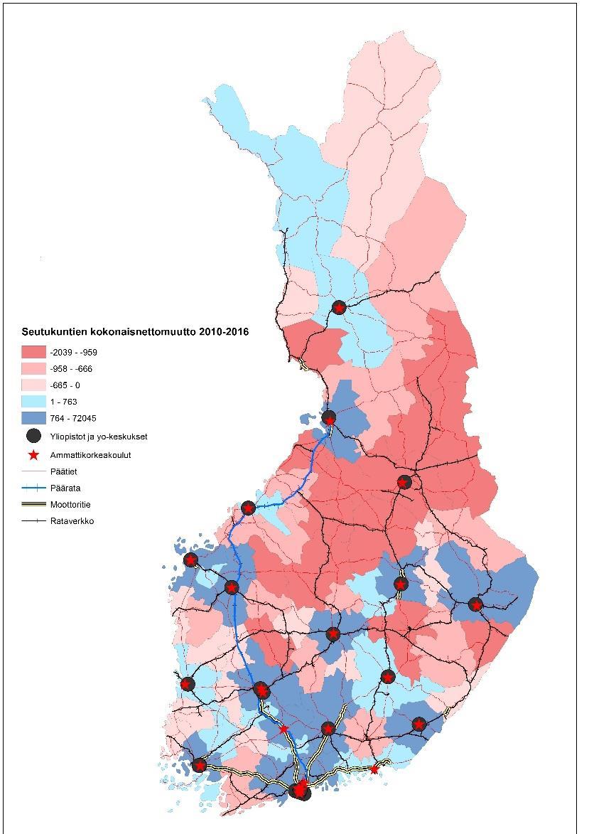 SEUTUKUNTIEN (70) KOKONAISNETTO- MUUTTO SIJAINNIN JA KORKEAKOU- LUJEN MUKAAN VUOSINA 2010-2016 Kartta kuvaa 70 kaupunkiseudun kokonaisnettomuuttoa vuosien 2010-2016 välisenä aikana: lukuihin on