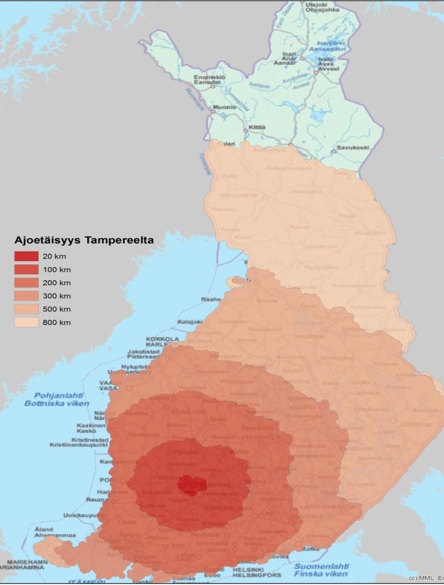 TAMPEREEN VAIKUTUSALUE MATKAETÄISYYTENÄ (KM) ONKO TAMPERE SUOMEN SYDÄN SAAVUTETTAVUUDEN JA ALUEELLISEN LIIKKUVUUDEN NÄKÖKULMASTA? 20 kilometrin (A) etäisyydellä Tampereesta asuu yhteensä 341.