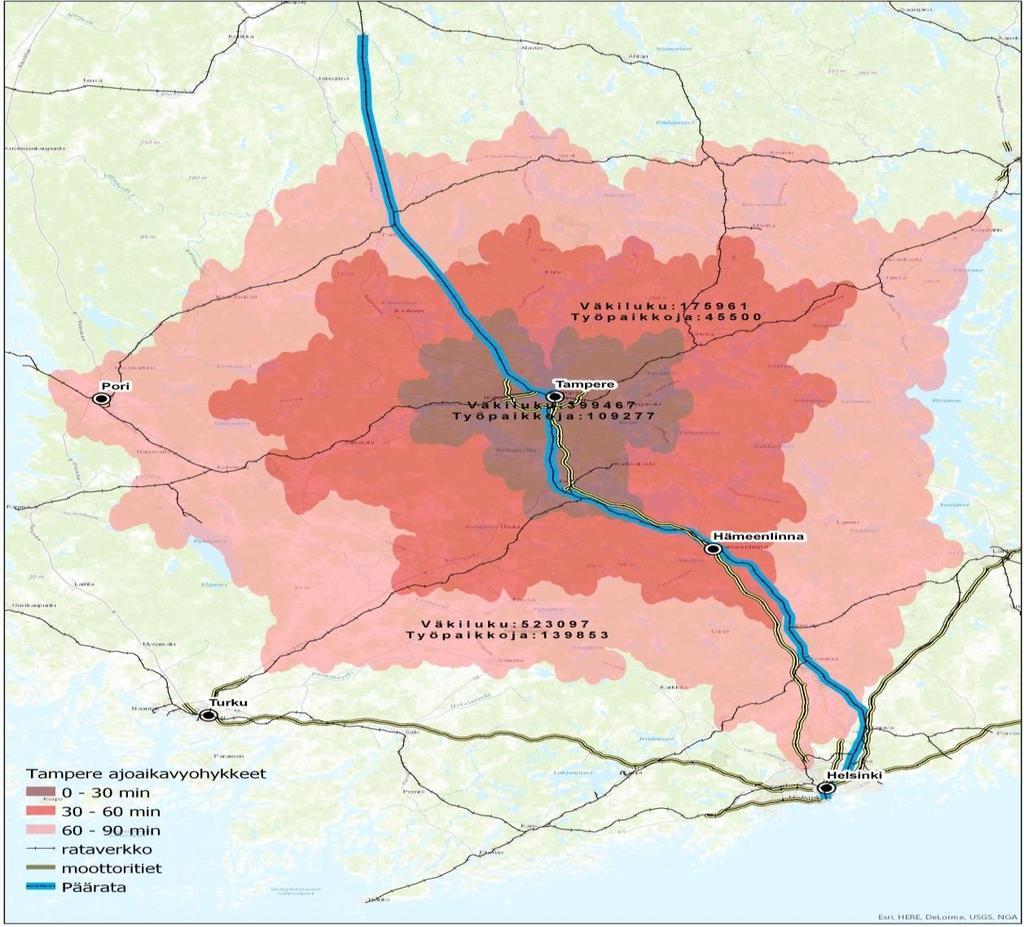 TAMPEREEN VAIKUTUSALUE 30, 60 JA 90 MINUUTIN AJOAIKAETÄISYYDELLÄ Kartta kuvaa Tampereen vaikutusaluetta 30, 60 ja 90 minuutin ajoaikaetäisyydellä Tampereen keskustasta: kartassa on huomioitu julkinen