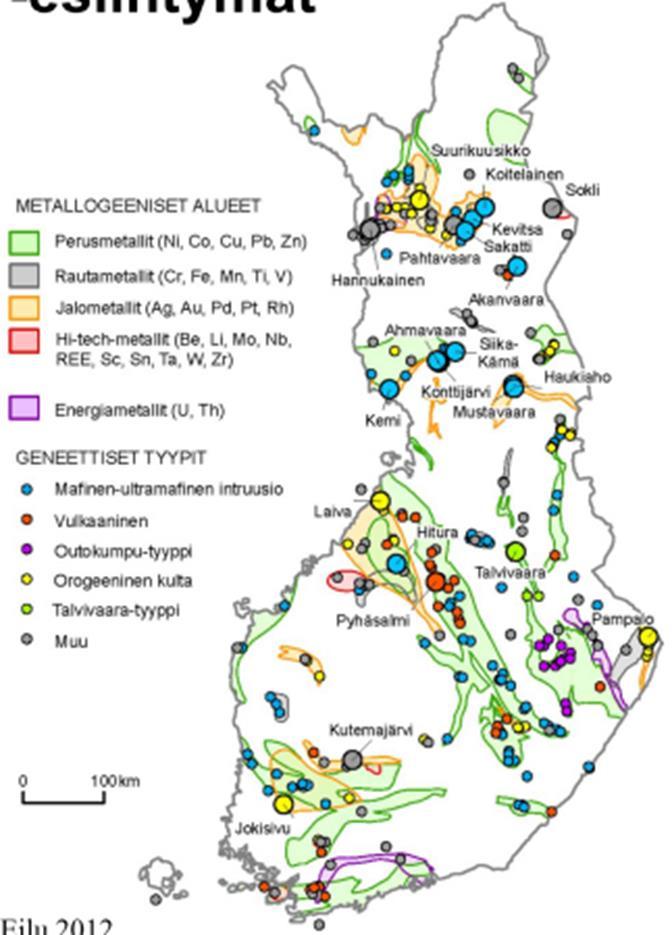 Suomessa on kapasiteettia Suomen kallioperän malmipotentiaali: Nikkeli 12 % Kupari-sinkki 10 % Kulta-platina 8 %