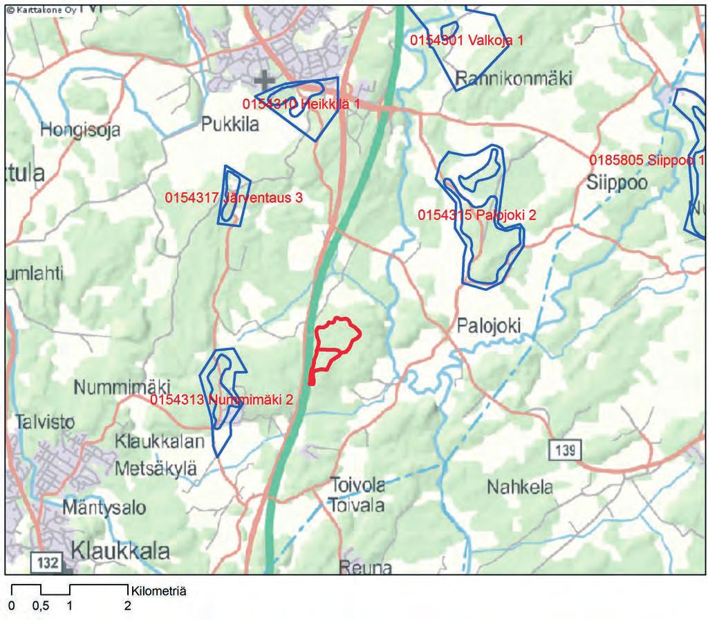 Kuva 5.23. Pohjavesialuekartta. Nykyisen ottoalueen tarpeita varten on alueella suoritettu kaivokartoitus vuonna 2004 (Envimetria Oy).