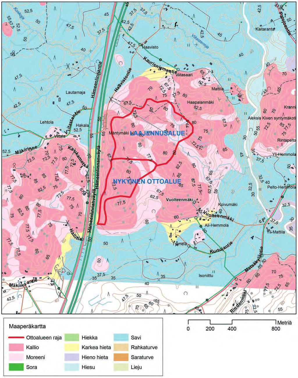 Kuva 5.10. Alueen maaperäkartta. Kallioperä Alueella on vuonna 1989 tehty kallioperäkartoitus, joka perustuu geologiseen kallioperäkarttaan sekä rakennusgeologiseen kallioperän maastokartoitukseen.