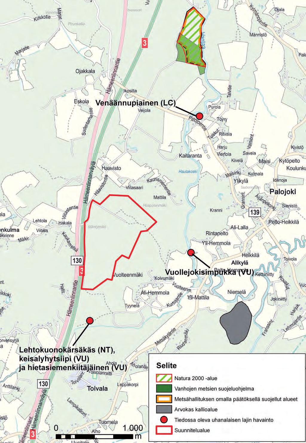 Kuva 5.16. Lähimmät luonnonsuojeluohjelmiin ja strategioihin kuuluvat alueet sekä uhanalaisten eliölajien havainnot Mäntymäen lähiympäristössä. 5.7.