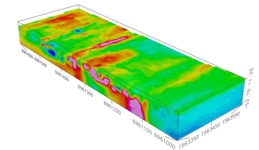 4 Mittausaineistolle tehtiin 3D-inversio Res3DInv-ohjelmalla (Loke & Barker, 1996). Tulokset on visualisoitu vokseleina Geosoft Oasis Montaj ohjelmalla.