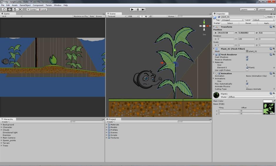 12 Kuva 1: Unity editori, johon on avattuna peliprojekti Bitter rolling. Kuva 2: Unity-editorin Scene- ja Game-näkymä, näitä näkymiä käytetään peliä tehdessä.