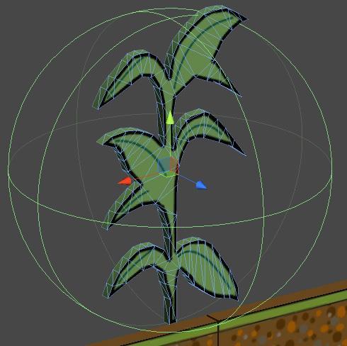 Kuva 10: Pallotörmäin käytössä pelimaailmassa olevassa kasvi-peliobjektissa.. Kapselitörmäimelle (Capsule collider) pystyy määrittämään säteen ja kapselin korkeuden.