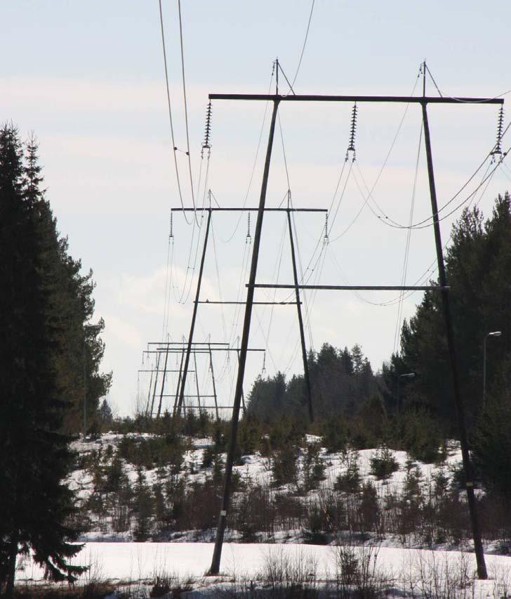 100 Kuva 8.5 Tyypilliset 220 kv voimajohdon pylväät johtoineen. (Kuva: Marko Väyrynen) 8.4.