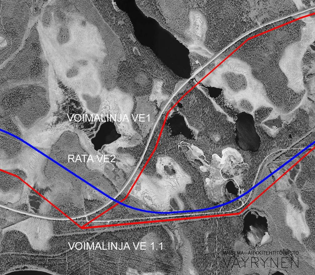 119 Kuva 9.5 Voimajohdon ja rautatien linjaukset Kupittajan kohdalla. Sinisellä on merkitty rautatie ja punaisella voimajohtovaihtoehdot. Vaihtoehdot VE1 ja VE1.1 yhdistyvät Jänkälän kohdalla.