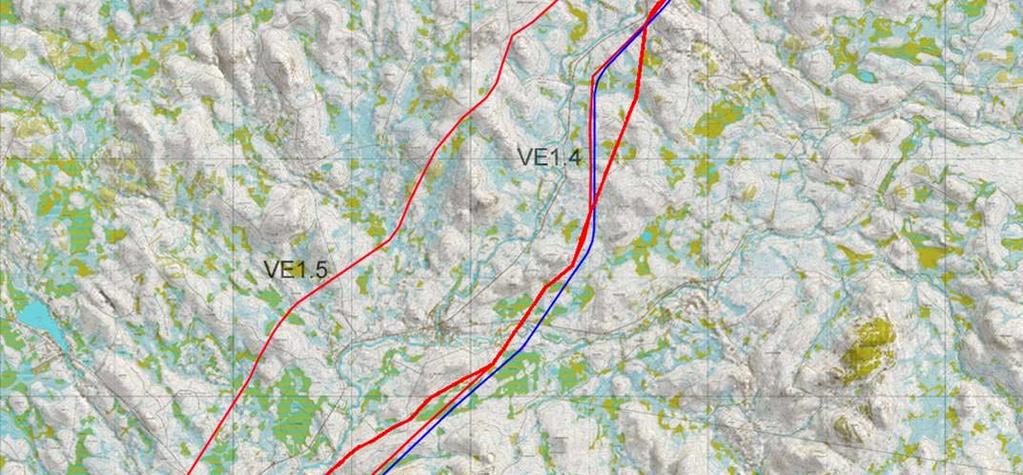 121 Kuva 9.6 Voimajohto välillä Savukoski Martti. Sinisellä on merkitty rautatie ja punaisella voimajohtovaihtoehdot. Vaihtoehdot VE1 ja VE1.