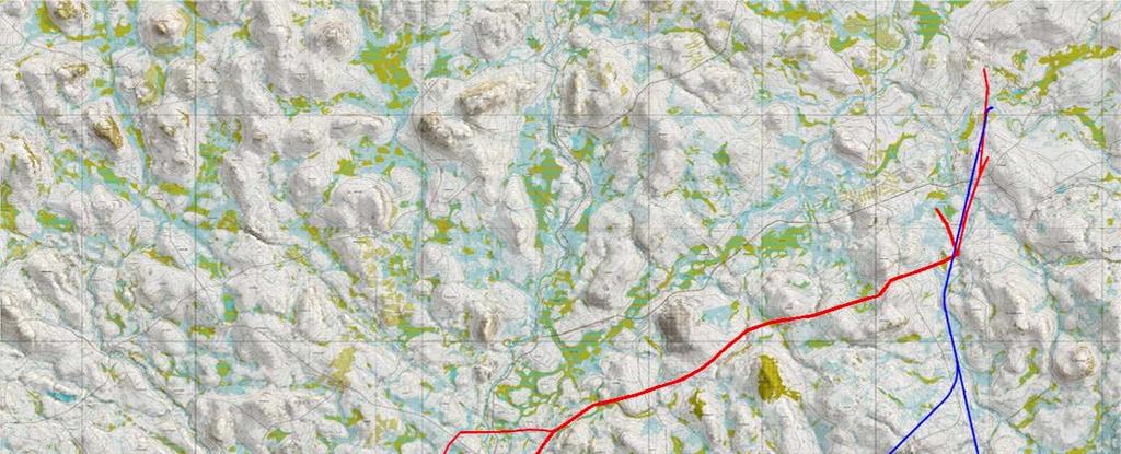 124 Kuva 9.8 Voimajohto välillä Martti Soklin kaivosalue. Sinisellä on merkitty rautatievaihtoehdot ja punaisella voimajohtovaihtoehdot.