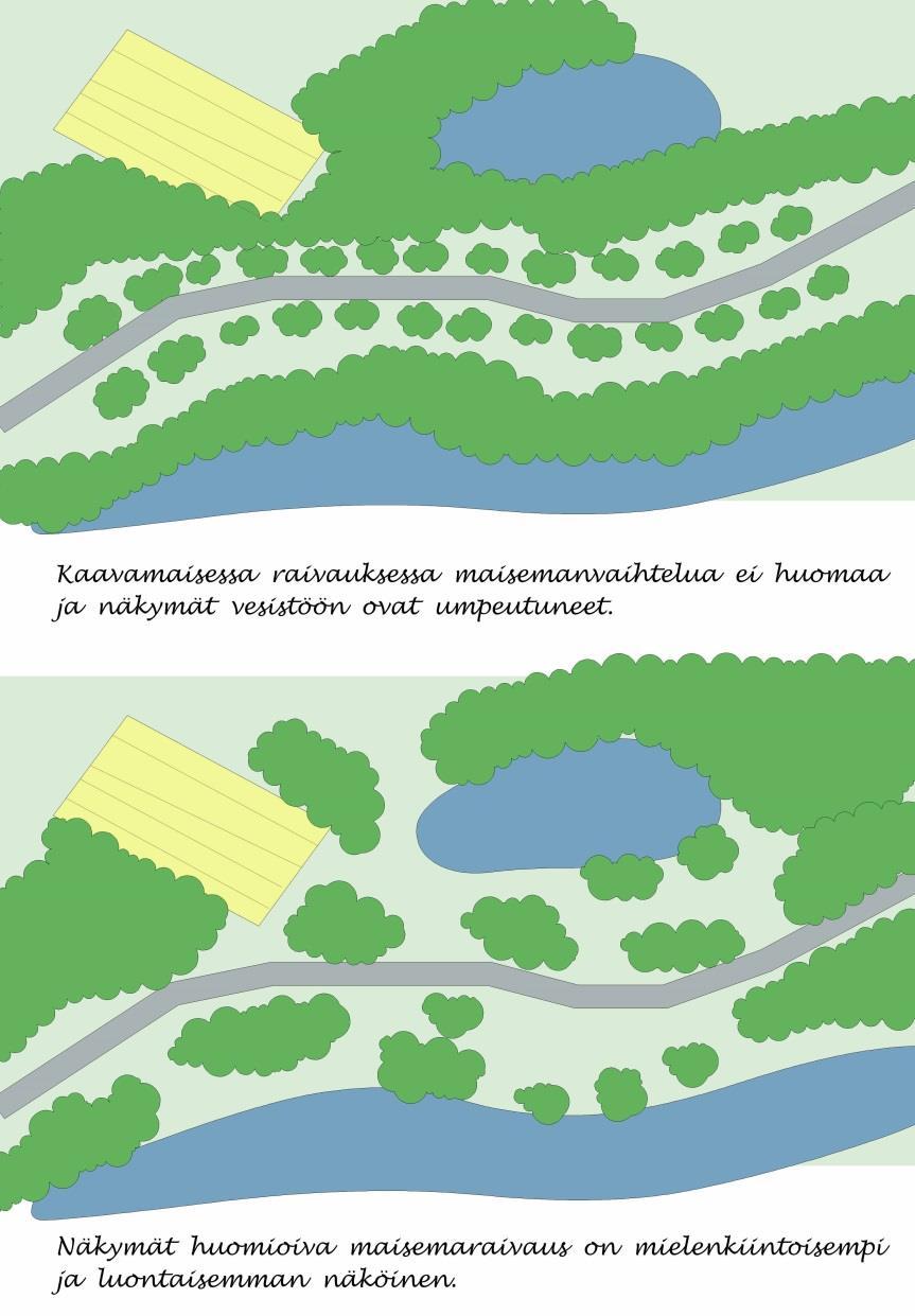 Huomioi maisema metsän hoidossa: metsän sijainti maisemassa, visuaaliset tekijät metsämaisematyypit näkymät, minne metsä näkyy ja mistä metsäkuviot metsätyypin, puuston ja iän mukaan yksityiskohdat,