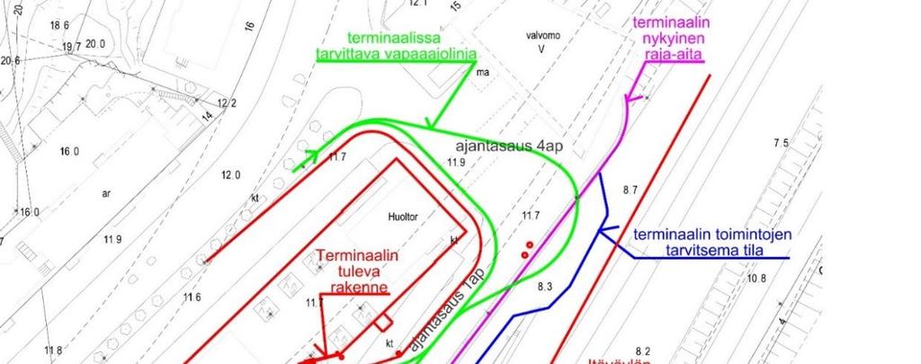 11 Terminaalin sisäiset ajojärjestelyt - Varaudutaan yleiskaavan mukaiseen pikaraitiotiehen Vaihtoehtona yleiskaavassa olevalle pikaraitiotien