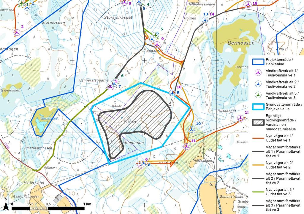 14 (26) Vaikutukset pinta- ja pohjavesiin Hankealueella sijoittuu kolme pohjavesialuetta; Källorna, Molpe ja Vägvik.