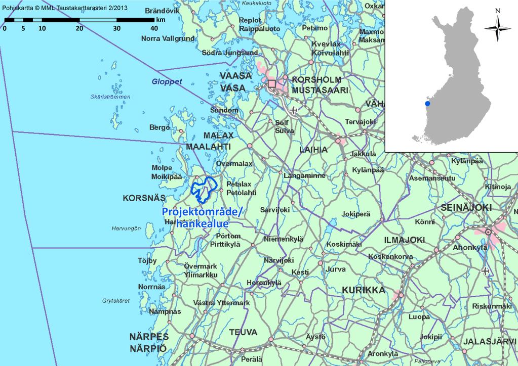 2 (26) MOLPE-PETOLAHDEN TUULIVOIMAPUISTO TIIVISTELMÄ Hanke VindIn Ab Oy suunnittelee tuulivoimapuistoa Korsnäsin ja Maalahden kuntien rajalle (Kuva 1).