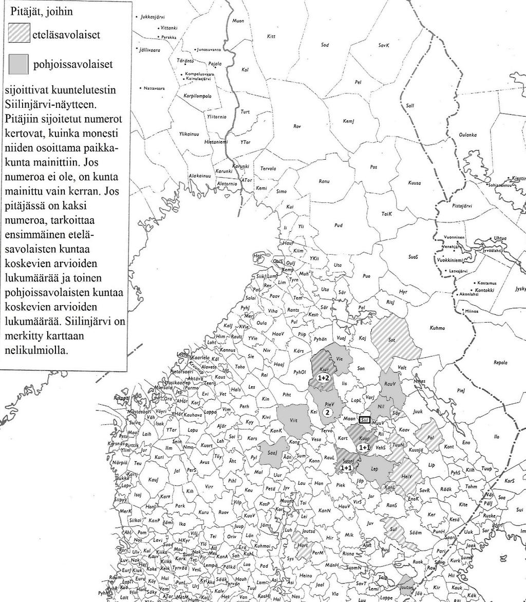 Kartta 2: Siilinjärvi-ääninäytteen sijoittaminen kartalle. Eteläsavolaisista neljä informanttia arvioi näytteen lähtöseudun oikein.