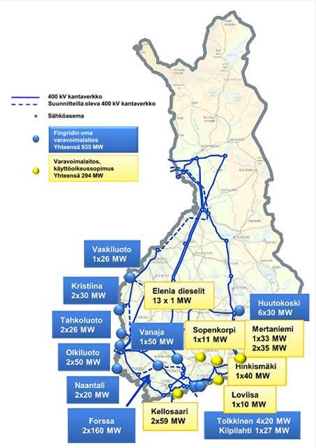 23 Kuva 9. Varavoimalaitosten sijainnit kartalla (27). Alla on esitetty vuosikorvauksen laskentaperiaate kymmenen megawatin kuormalla ja vuoden 2015 viitteellisellä markkinahinnalla.