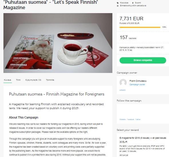 41 FundedByMen kampanjasivuilta löytyvät: Pääsivu eli kuvaus kampanjasta, kampanjan aiheluokka, kampanjoitavan maa, ennakkomyyntiin perustuva kohta, rahoituksen tavoiteosio, kampanjan omistajan