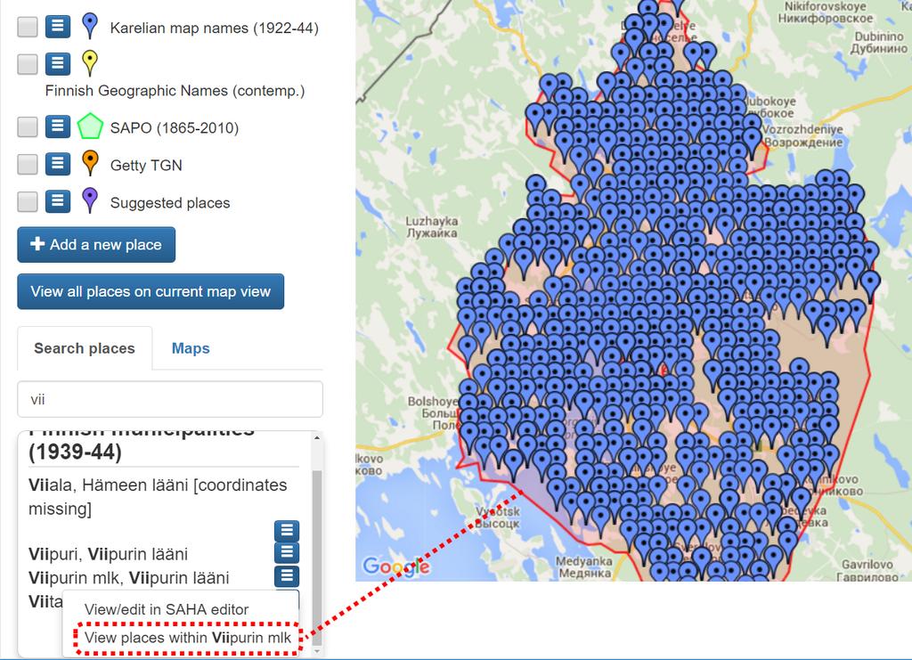 29 5.3 Karttahaku Karttahakua tarvitaan silloin, kun käyttäjä ei tiedä hakemansa paikan tarkkaa nimeä eikä siten voi käyttää tekstihakua.