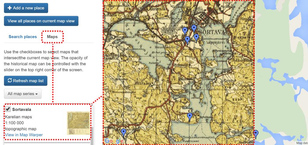30 5.5 Georektifioitujen historiallisten karttalehtien hyödyntäminen Käyttöliittymään integroitu historiallisten karttalehtien georektifiointi- ja hakupalvelu Map Warper [91] tarjoaa HIPLA-mallin