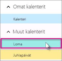 Kalenterin jakaminen 1. Valitse Office 365:n kalenterin vasemmasta reunasta kalenteri. 2. Valitse Office 365:n kalenterin työkalurivillä Jaa ja klikkaa Kalenteri. 3. Kirjoita Jaa kohteeseen -ruutuun sen henkilön koko sähköpostiosoite, jonka kanssa haluat jakaa kalenterisi, ja paina sitten Enter-näppäintä.