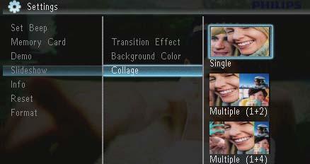 3 Valitse [Collage] ja paina sitten» PhotoFrame-kehyksen tiedot näkyvät näytön oikeassa reunassa: sisäinen muisti, käytetty muisti ja