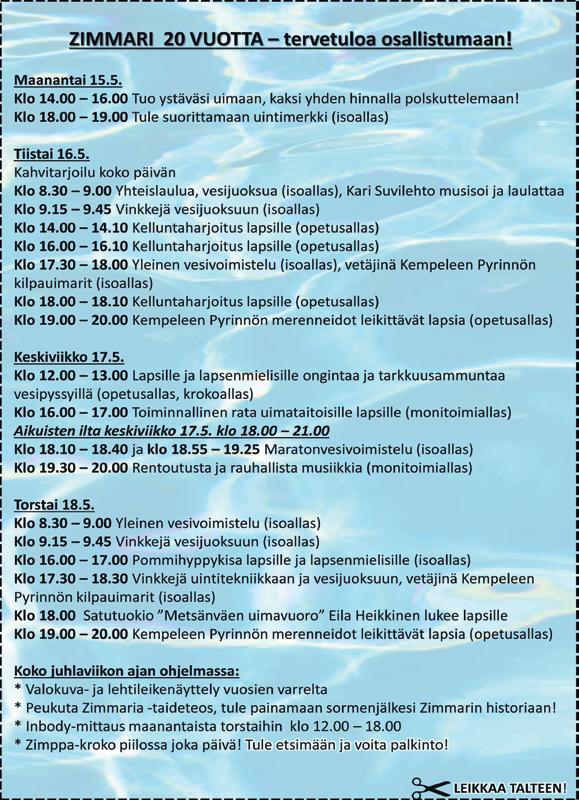 30 TK Liminka (9.1. - 29.5.) Tiistai 11.00-11.30 Maa- ja kotiseutunaiset ( 9.5. / 6.6.) 15.00-15.30 Vesivoimistelu senioreille (viim 10.5., jatkuu 14.8.) 17.30-18.00 Yleinen vesivoimistelu (viim 9.5., jatkuu 15.