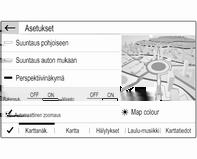 Näyttääksesi yleiskuvan reitistä Kosketa ø, valitse Kartta- näkymä ja kosketa sitten ö. Karttanäkymä vaihtuu Suuntaus pohjoiseen -tilaan ja näyttää nykyisen reitin yleiskuvan.