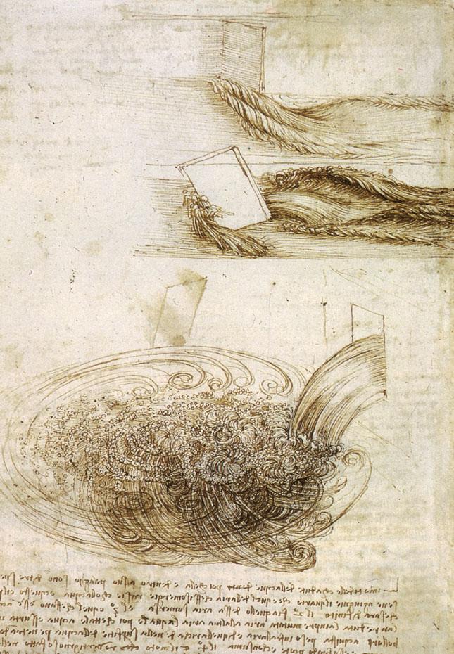 Kuva 1: Leonardo da Vincin tutkimuksia putoavasta vedestä (n. 1508). Huomaa pyörteet vedessä. (Teos public domainissa, lähde: commons. wikimedia.