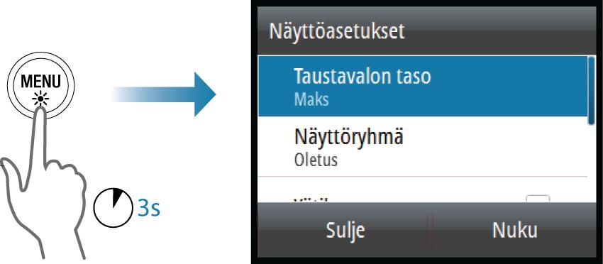 Näyttöasetukset Näytön asetuksia voi säätää milloin tahansa Näyttöasetuksetikkunassa, jonka saa käyttöön pitämällä MENU-painiketta painettuna.