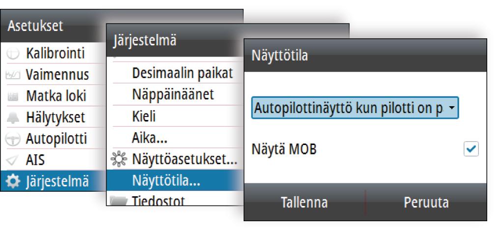 Vain mittaristonäyttö: näyttää aktiiviset tietosivut. Autopilottisivu voi olla yksi näistä tietosivuista. Vain autopilottinäyttö: näyttää ainoastaan autopilottisivun.