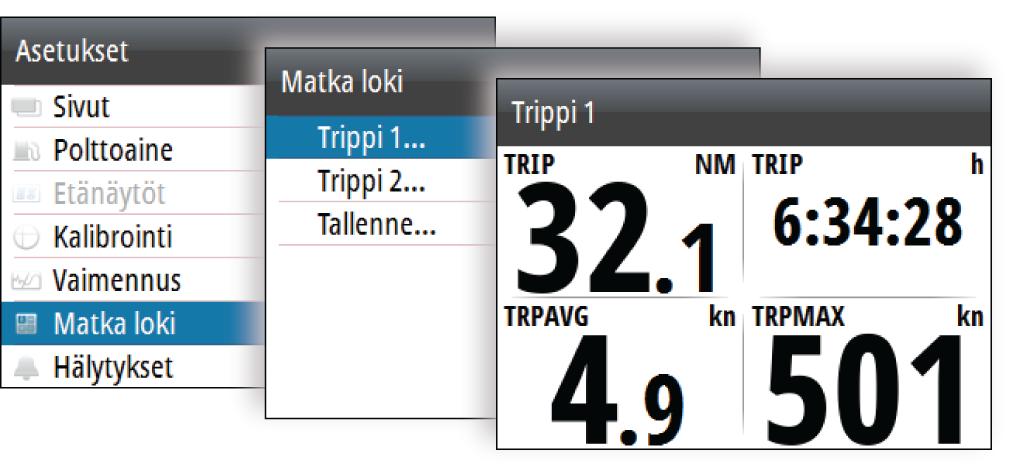 4 Matkaloki Matkaloki on käytettävissä Asetukset-valikossa. Matkaloki on tilapäinen sivu, eikä tätä näkymää voi määrittää käyttäjän määrittämänä sivuna.