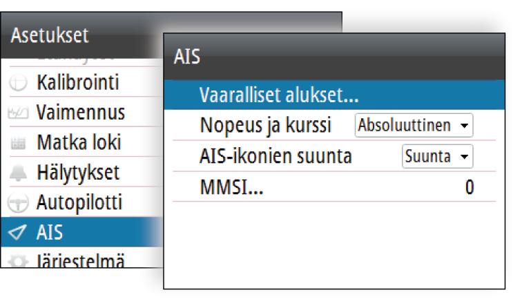 AIS-asetukset Vaarallisten alusten määrittäminen Aluksen ympärille voi määrittää näkymättömän hälytysalueen.