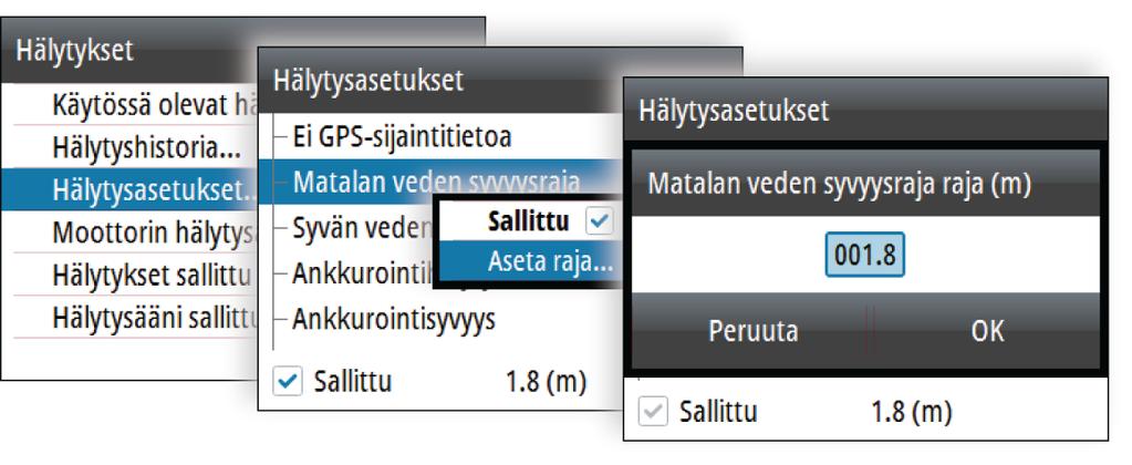 Yksittäiset hälytysasetukset Yksittäinen hälytys otetaan käyttöön/pois käytöstä ja hälytysrajat asetetaan Hälytysasetukset-valintaikkunassa.