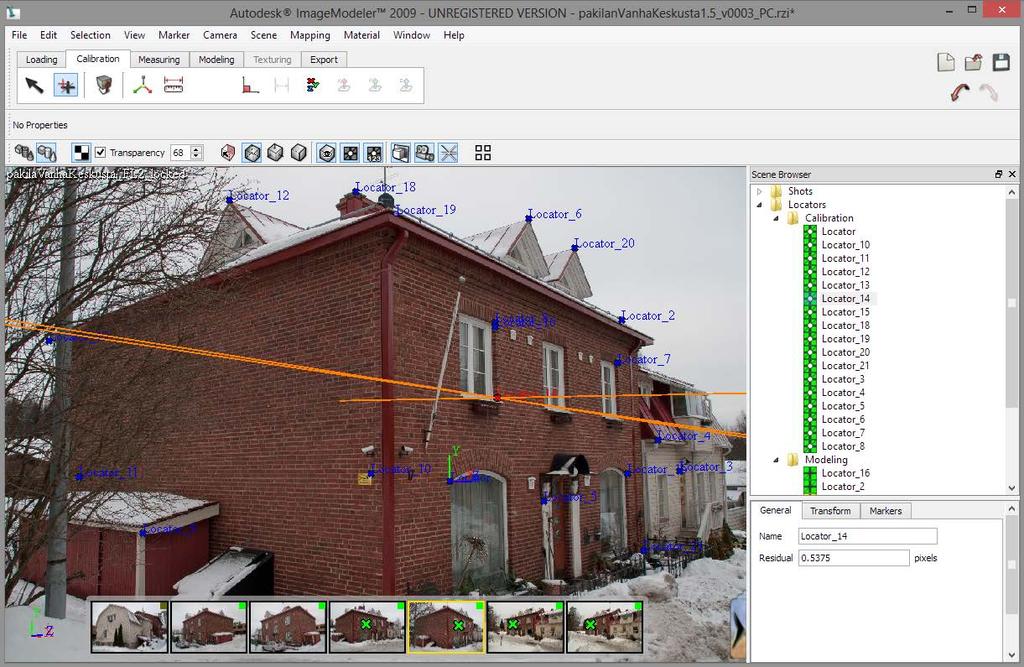 15 (42) 4.3 Kuvien kalibrointi 3D-avaruuteen Perinteisten fotogrammetriaohjelmien toiminta perustuu siihen, että ne niille kerrotaan mikä piste on kaikissa eri kuvissa sama kohta.