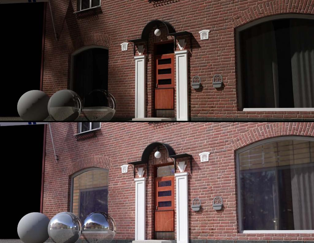 34 (42) Kuvio 38. Yläkuva ilman HDR valaistusta ja alakuva sen kanssa. HDRI-kuvasta saamme epäsuoran valaistuksen lisäksi myös aidot heijastukset pintoihin. 6.