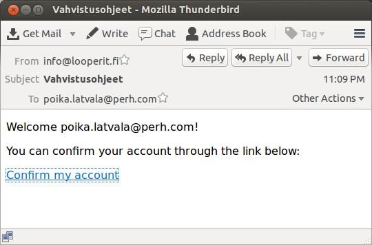 Confirm my account -linkin käyttämisen jälkeen uusi käyttäjä (Poika Latvala) on