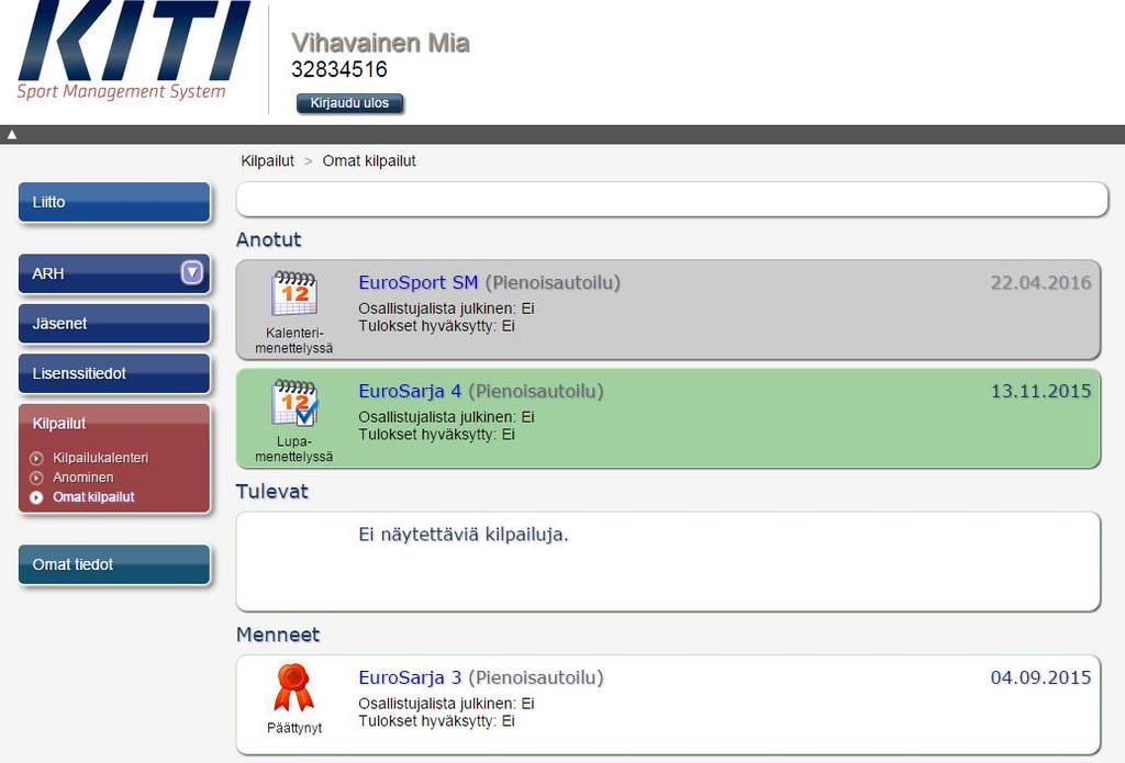 Kilpailujen näkyminen seuran tiedissa KITIssä Kuvassa esimerkkinä mennyt kilpailu, tuleva kilpailu ja antut kilpailut.
