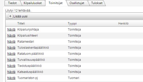 Kilpailun avaaminen ilmittautumisille KITIssä Timitsijat-välilehti Lisää timitsija kerrallaan painamalla jk Näytä -painiketta tai js listasta puuttuu esimerkiksi Tumari, niin sen vi lisätä Lisää