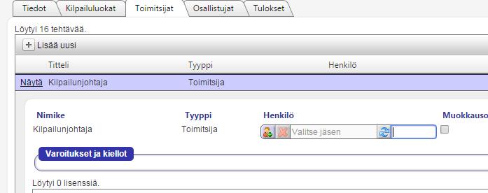 Valitsemalla henkilön hänen nimensä ja timitsijalisenssitietnsa ilmestyvät näkymään, jsta ne vi myös tallentaa. Lajipäällikkö lisää tumaristn puheenjhtajan.