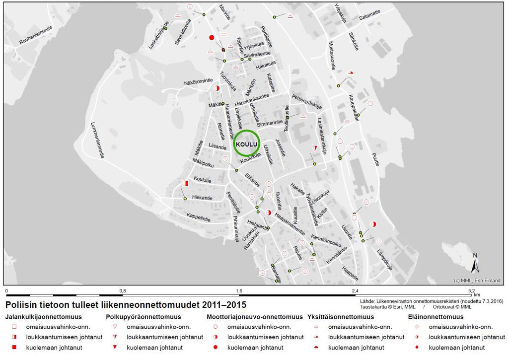 ONNETTOMUUDET LIIKENNETURVALLISUUS Tarkastelualueella on vuosina 2011 2015 tapahtunut 32 poliisin tietoon tullutta liikenneonnettomuutta.