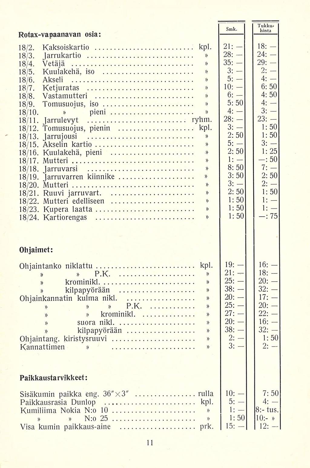 _ i>mk. 2: 20:., Rotaxvapaanavan osia: Tukku# hinta 18/2. Kaksoiskartio kpl. 21: 18: 18/3. Jarrukartio 28: 24: 18/4. Vetäjä 35; 29; 18/5. Kuulakehä, iso 3: 2: 18/6. Akseli 5: 4: 18/7.