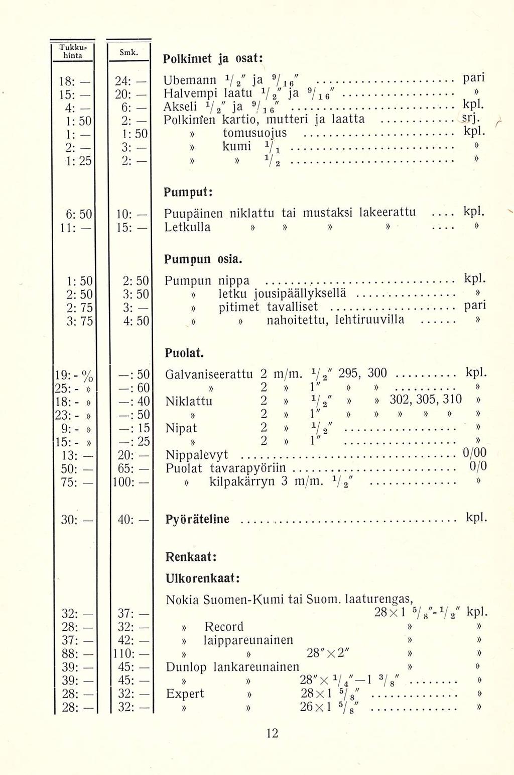 6: 45: Akseli Tukku* _ hinta, Polkimet ja osat: 18: 24: Übemann x / 2 " 15; 20: Halvempi laatu V2" ja 9 / 16 " ja 9/ J?" pari 4: V2" ja 9 " / 16 kpl. 1:50 2: Poikimien kartio, mutteri ja laatta srj.