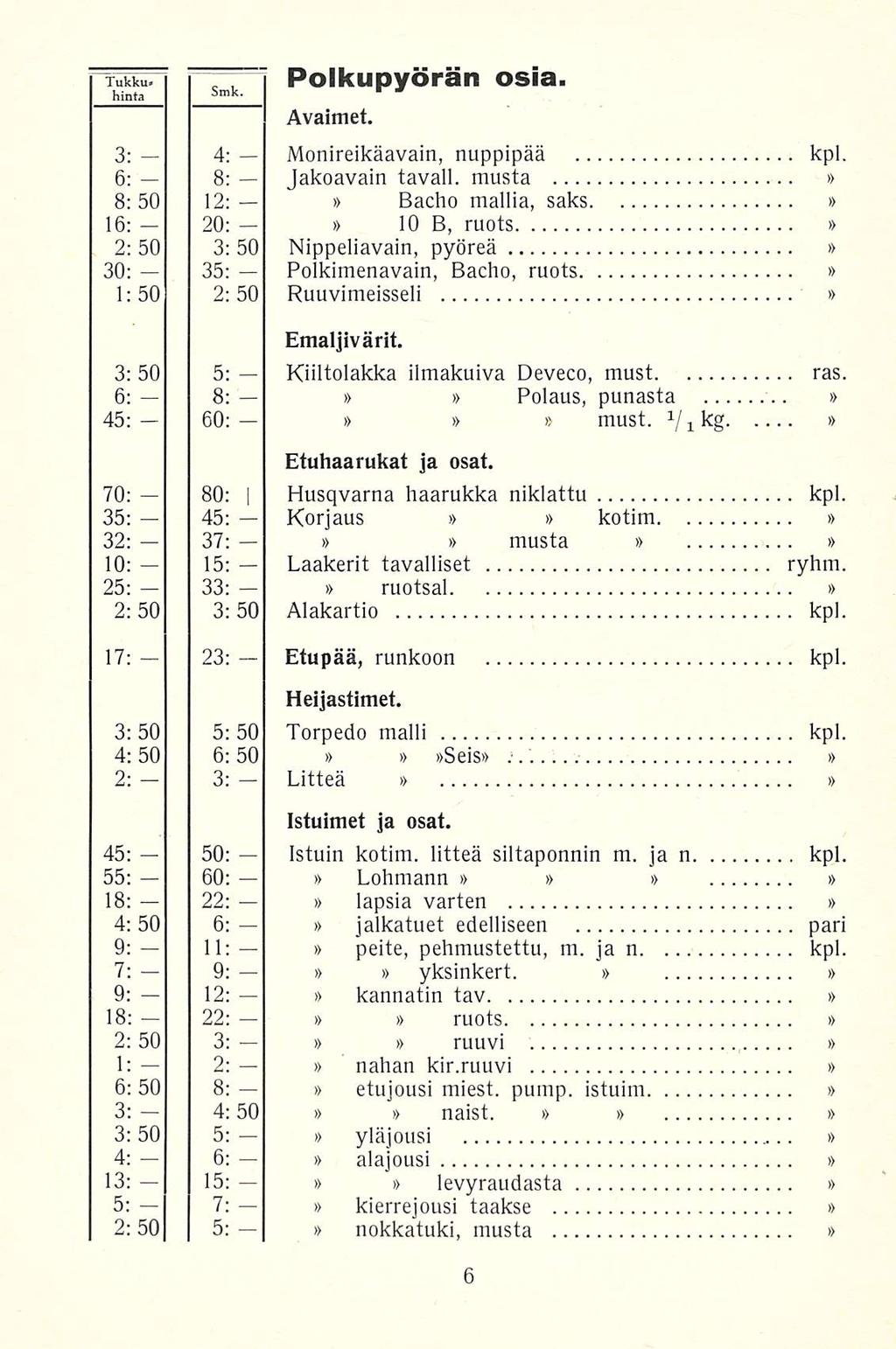 Tukku* hinta Smk 1 Polkupyörän osia. Avaimet. 3: 4: Monireikäavain, nuppipää kpl. 6: 8: Jakoavain tavall.