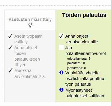 2. Töiden palautus ja arvioitavien töiden jakaminen Kun olet käynyt läpi Asetusten määrittelyn. Klikkaa lamppu-ikonia Töiden palautus tekstin alla, ja seuraava vaihe aktivoituu.