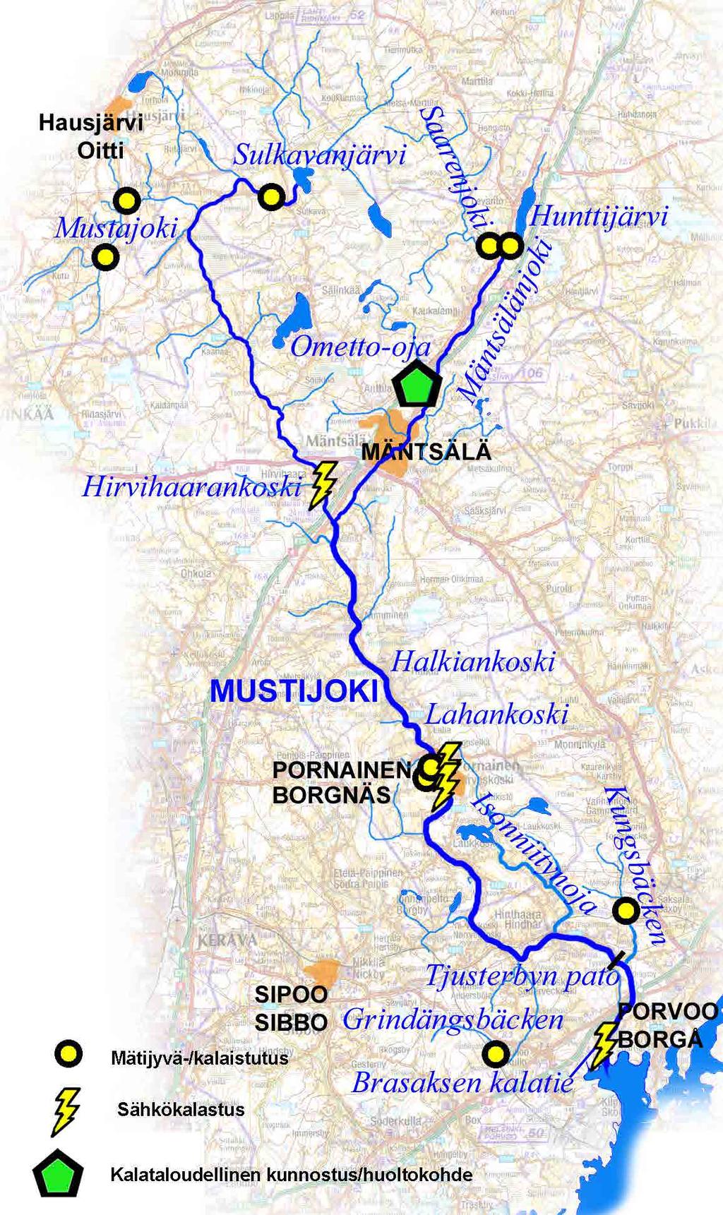 20 3.2 Mustijoki Mustijoki saa alkunsa kahdesta eri järvestä Mäntsälässä. Latvajärvet Sulkavanjärvi ja Hunttijärvi ovat 70-80 km etäisyydellä merestä.