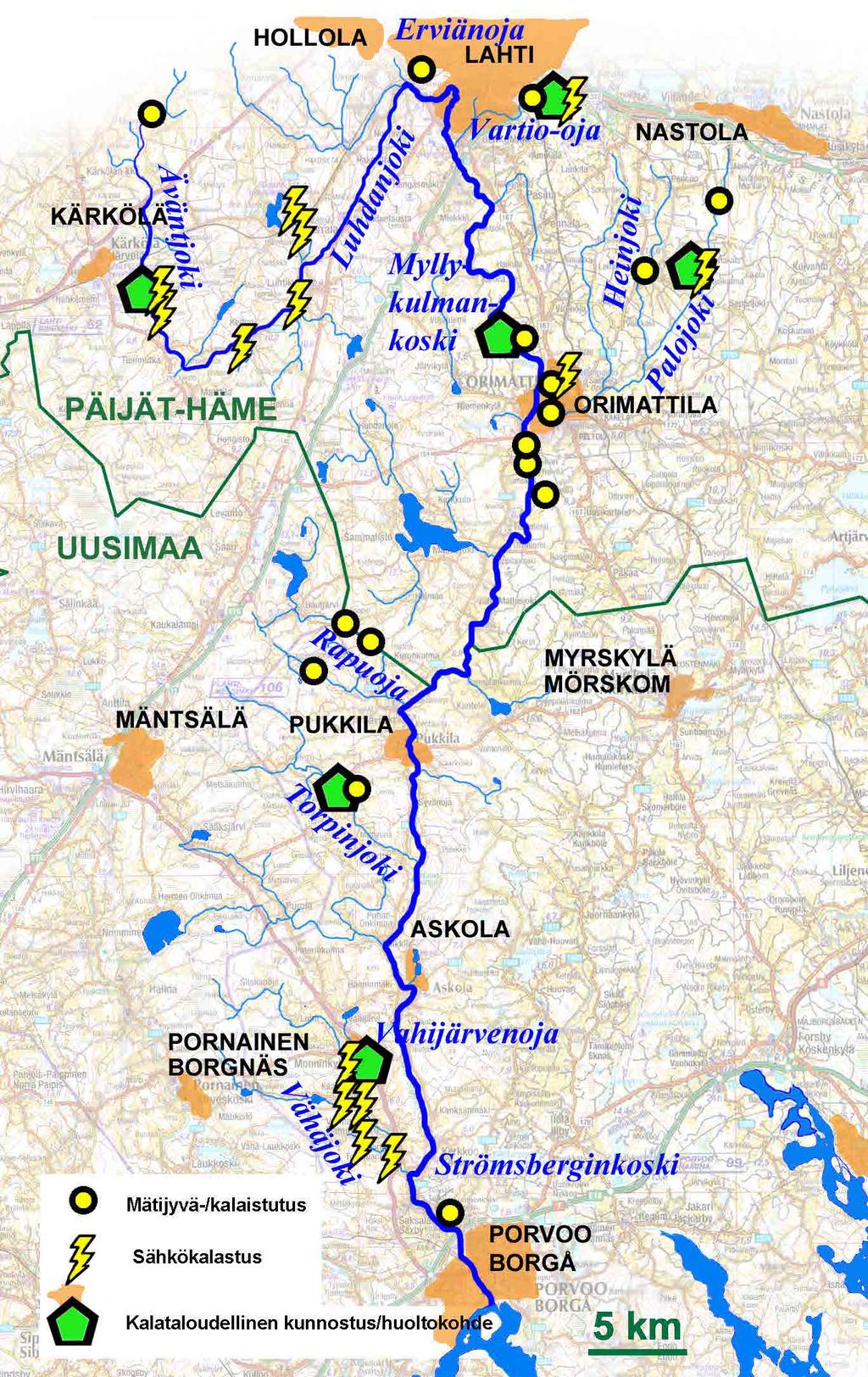 26 3.4 Porvoonjoki Porvoonjoen alkulähteet sijaitsevat Hollolassa ja Kärkölässä. Aluksi joen nimi on Äväntjoki ja Luhdanjoki, Lahden kaupungin ja Porvoon välillä puhutaan Porvoonjoesta.