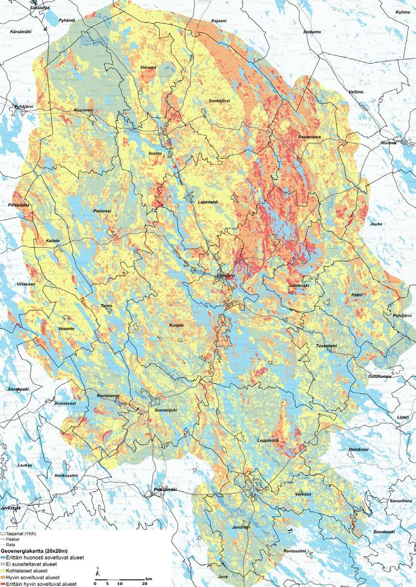 FCG SUUNNITTELU JA TEKNIIKKA OY Raportti 18 (62) tentiaalikartan (kuva 11.) perusteella maakunnan pohjoispuolisko soveltuu eteläosaa paremmin geoenergian hyödyntämiseen.