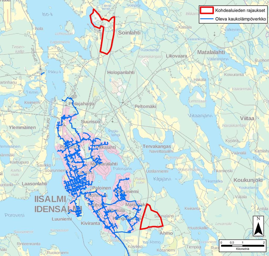 FCG SUUNNITTELU JA TEKNIIKKA OY Raportti 24 (62) Kuva 13. Iisalmen kohdealueiden sijainti suhteessa keskustaan sekä olevaan kaukolämpöverkkoon (Pohjakartta: Maanmittauslaitos 2017) 4.2.3.1 Soinlahti Alue on asemakaavoitettu pääasiassa teollisuuden tarpeisiin.