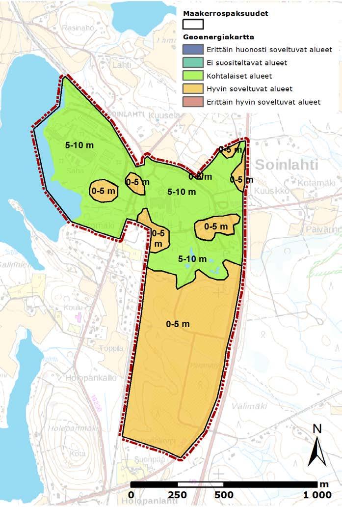 FCG SUUNNITTELU JA TEKNIIKKA OY Raportti 26 (62) Kuva 15. Geoenergiapotentiaaliluokitus ja maakerrospaksuudet Soinlahden kohdealueella.